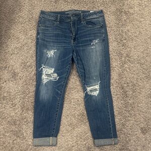 American Eagle Outfitters Dark Blue Distressed Cropped Jeans